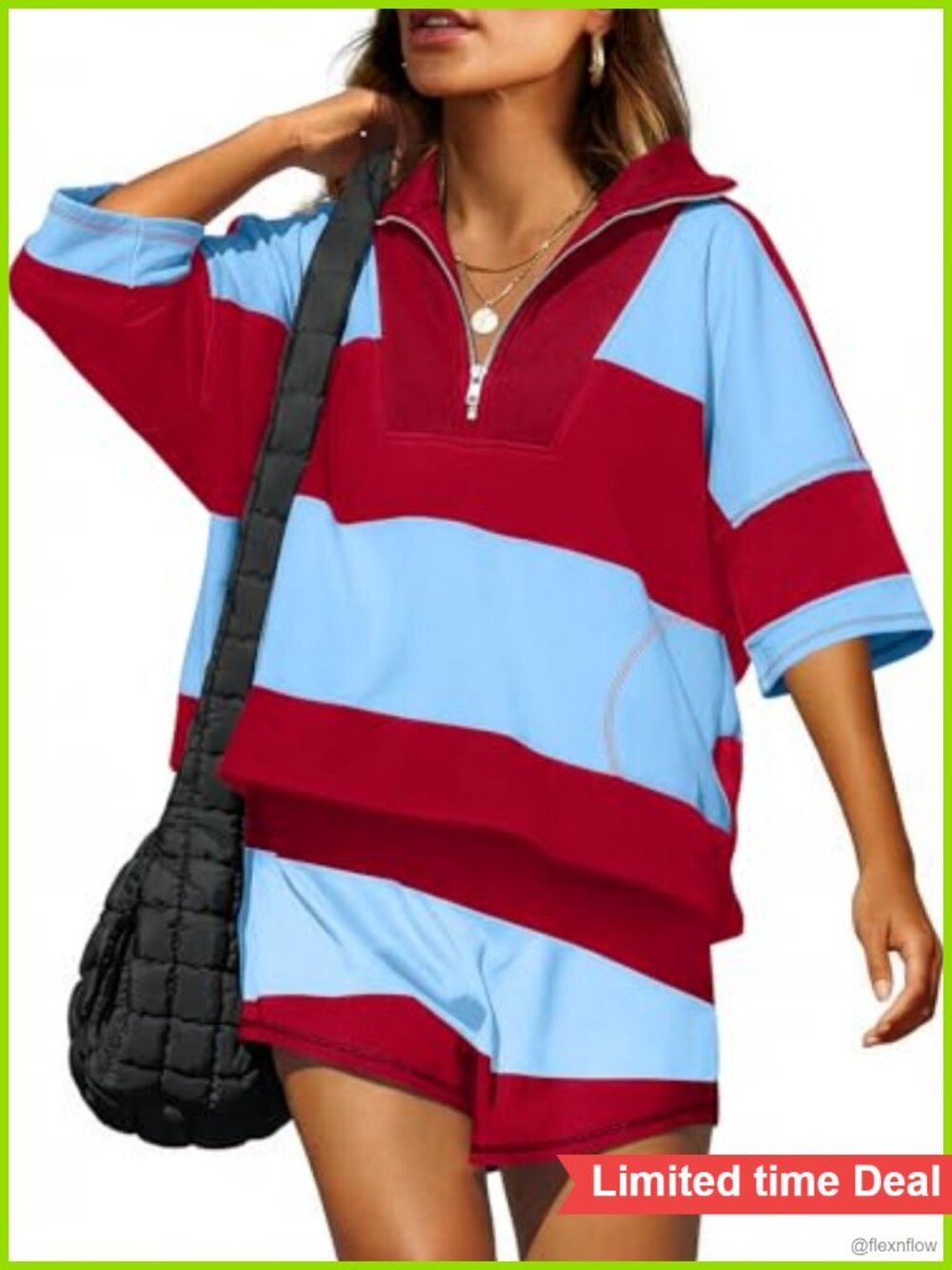 Oversized Striped 2 Piece Workout Set Half Zip Top Shorts Lounge